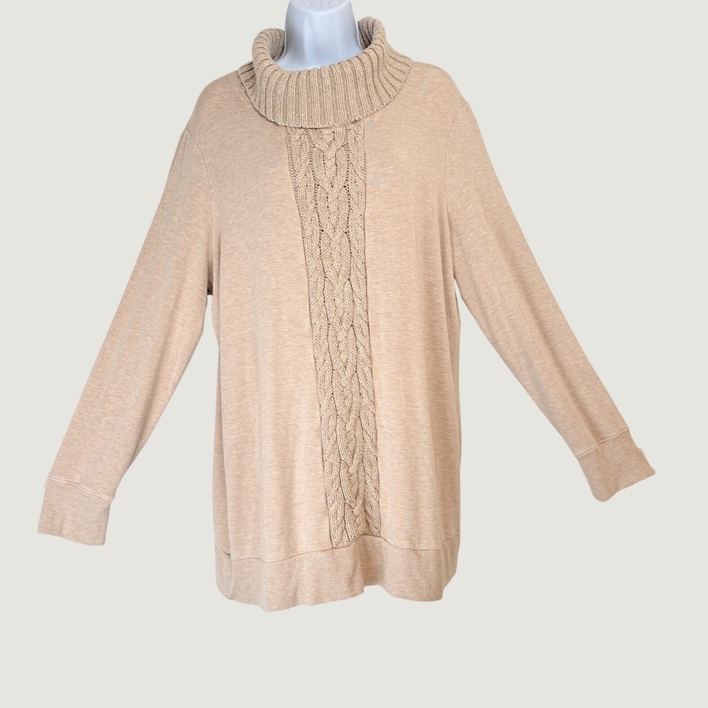 Zenergy by Chicos Women XL Top Tan Cowl Neck Cable Knit Sweater Long Sleeve